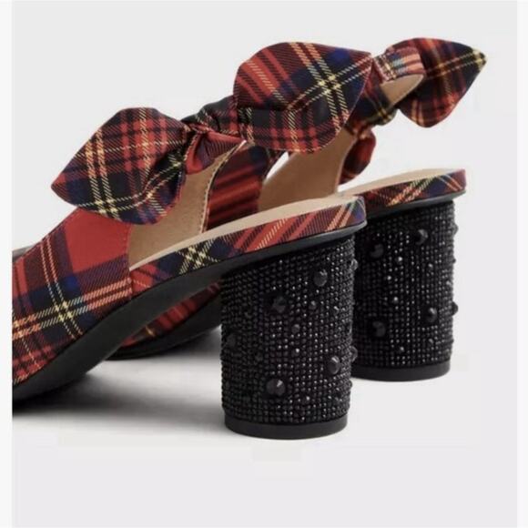 Torrid Betsey Johnson Red Holiday Plaid Slingback Pumps Bling Heels 9W - Picture 4 of 8